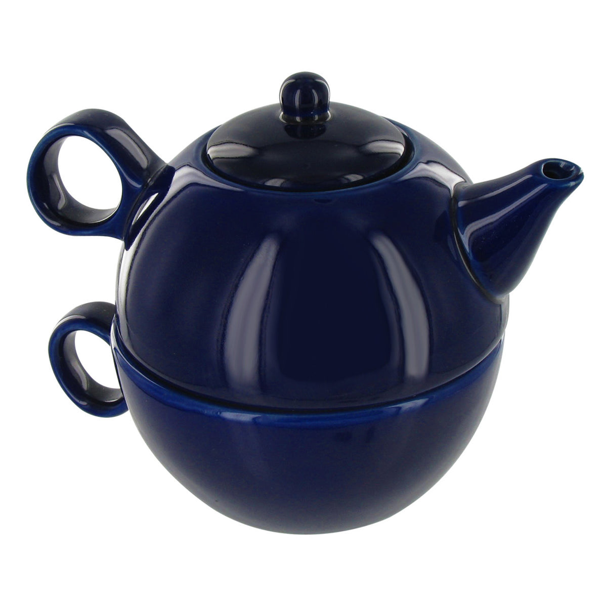 Navy blue ceramic tea for one set with a teapot stacked on top of the teacup on a white background