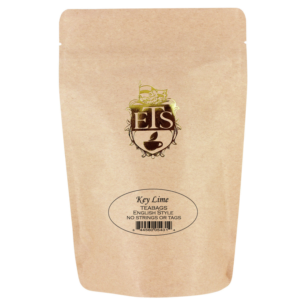Kraft paper tea bag package with 'ETS' logo and 'Key Lime' text on a white background