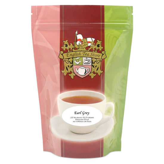 Tea package with 'English Tea Store' logo and 'Earl Grey' text on a white background