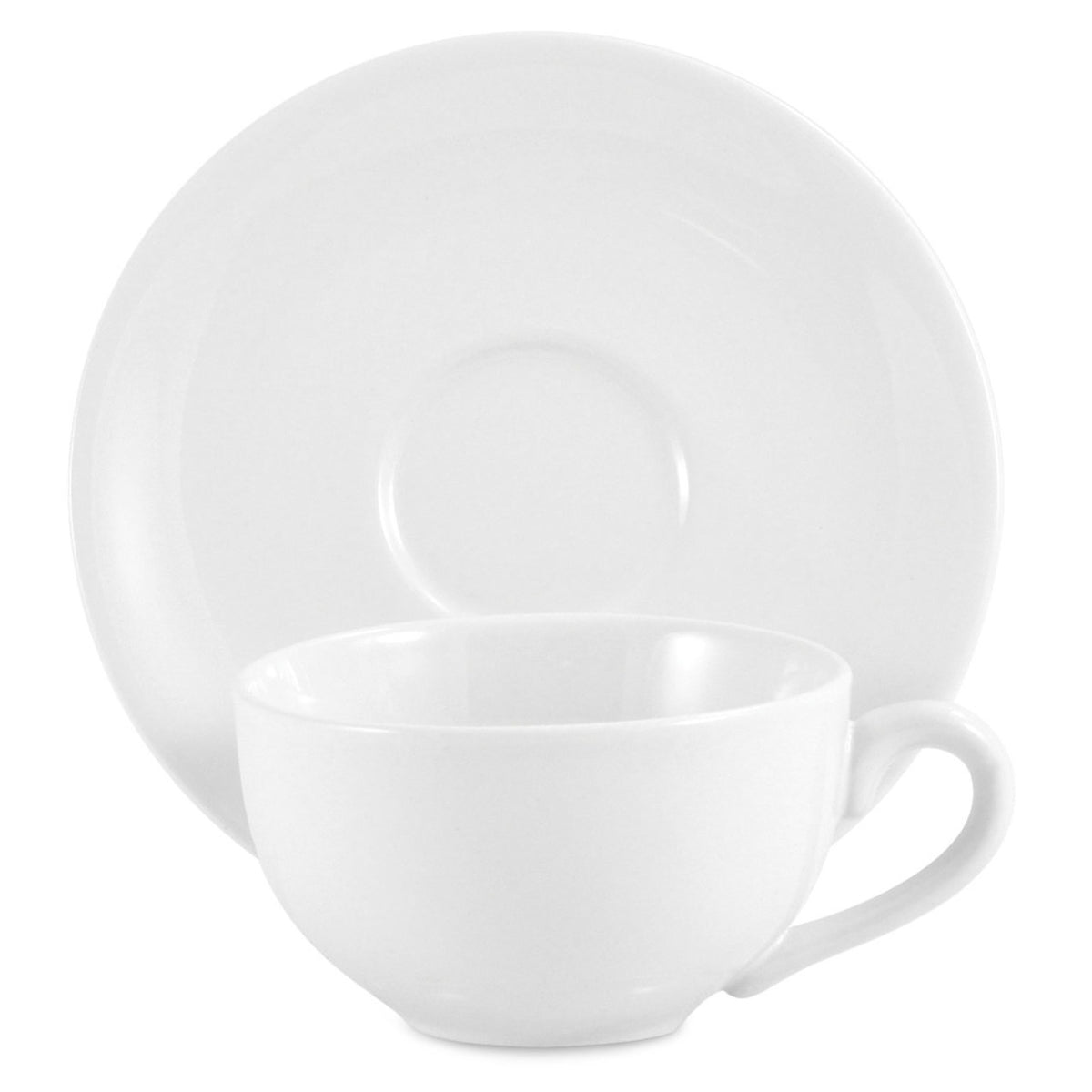 White ceramic cup and saucer set on a white background