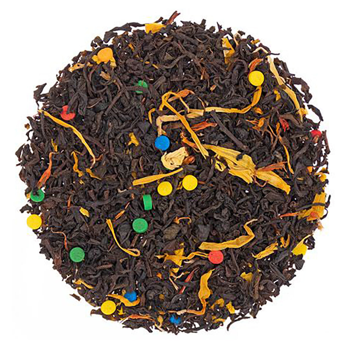 Tea leaves with colorful specks on a white background