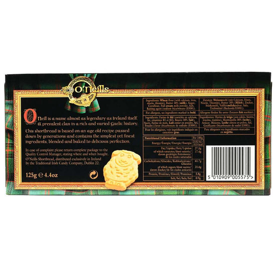 Bottom of a box of shortbread sheep cookies with ingredients and nutritional facts.