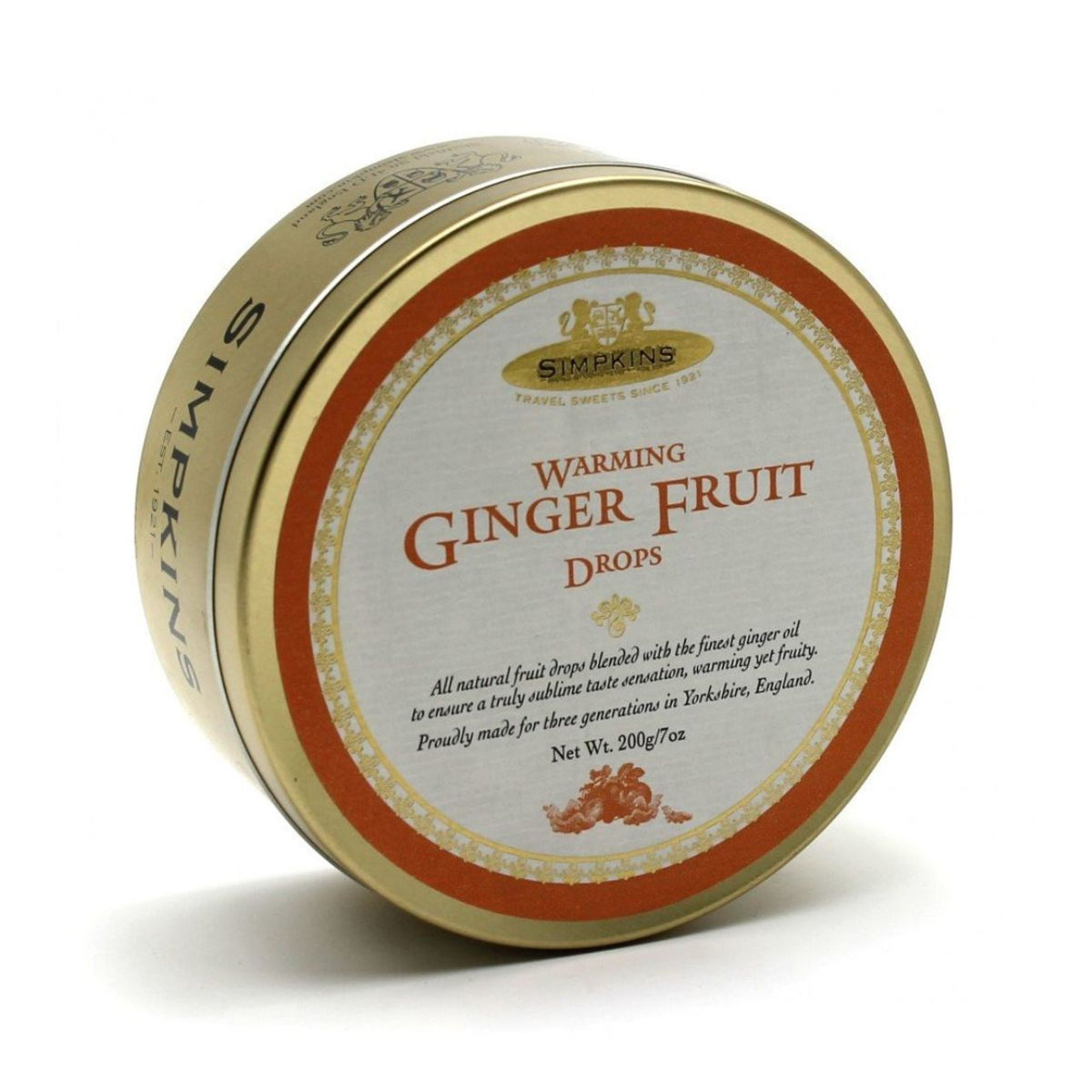 Tin of Stempkins Warming Ginger Fruit Drops on a white background