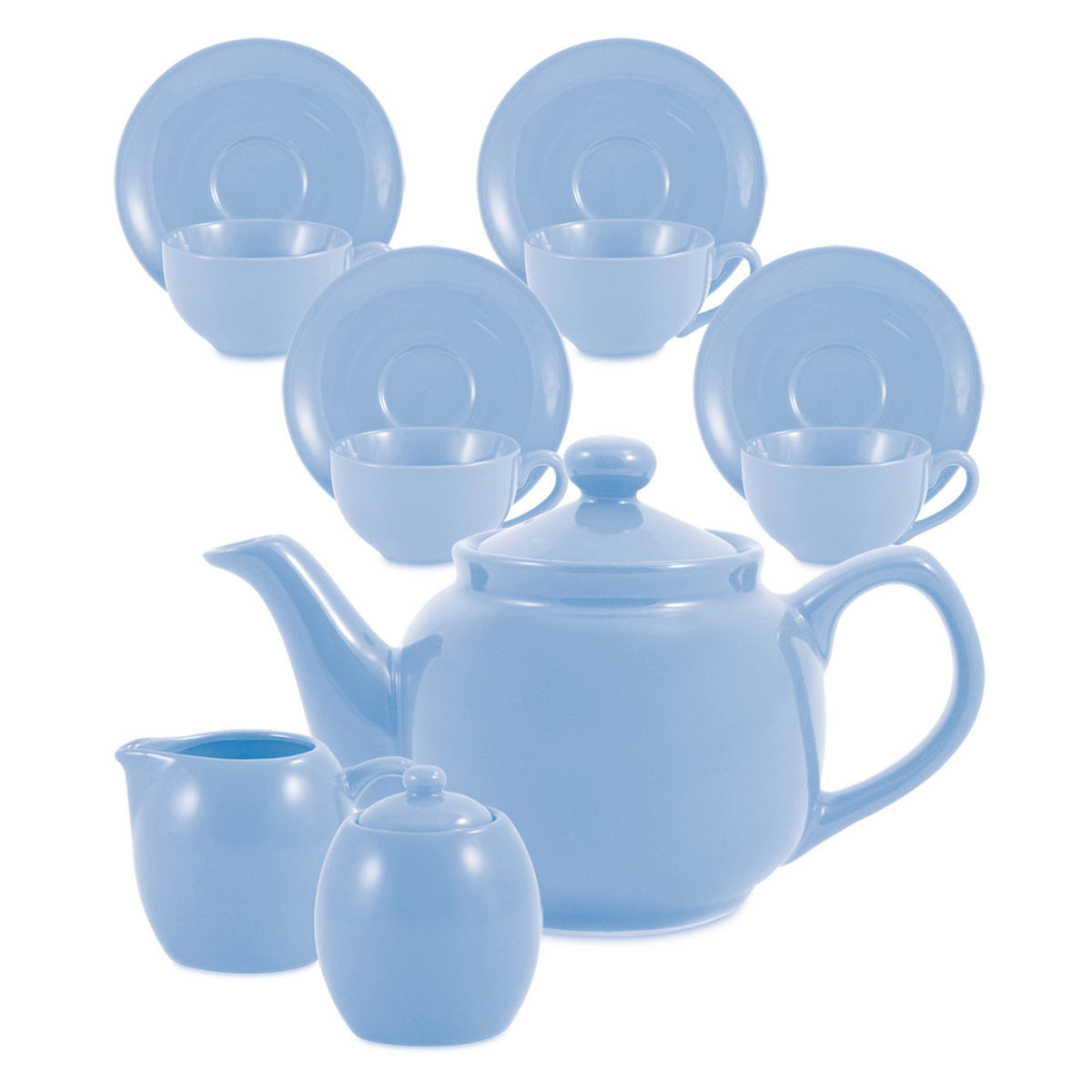 Blue ceramic tea set with teapot, cups, and sugar bowl on a white background