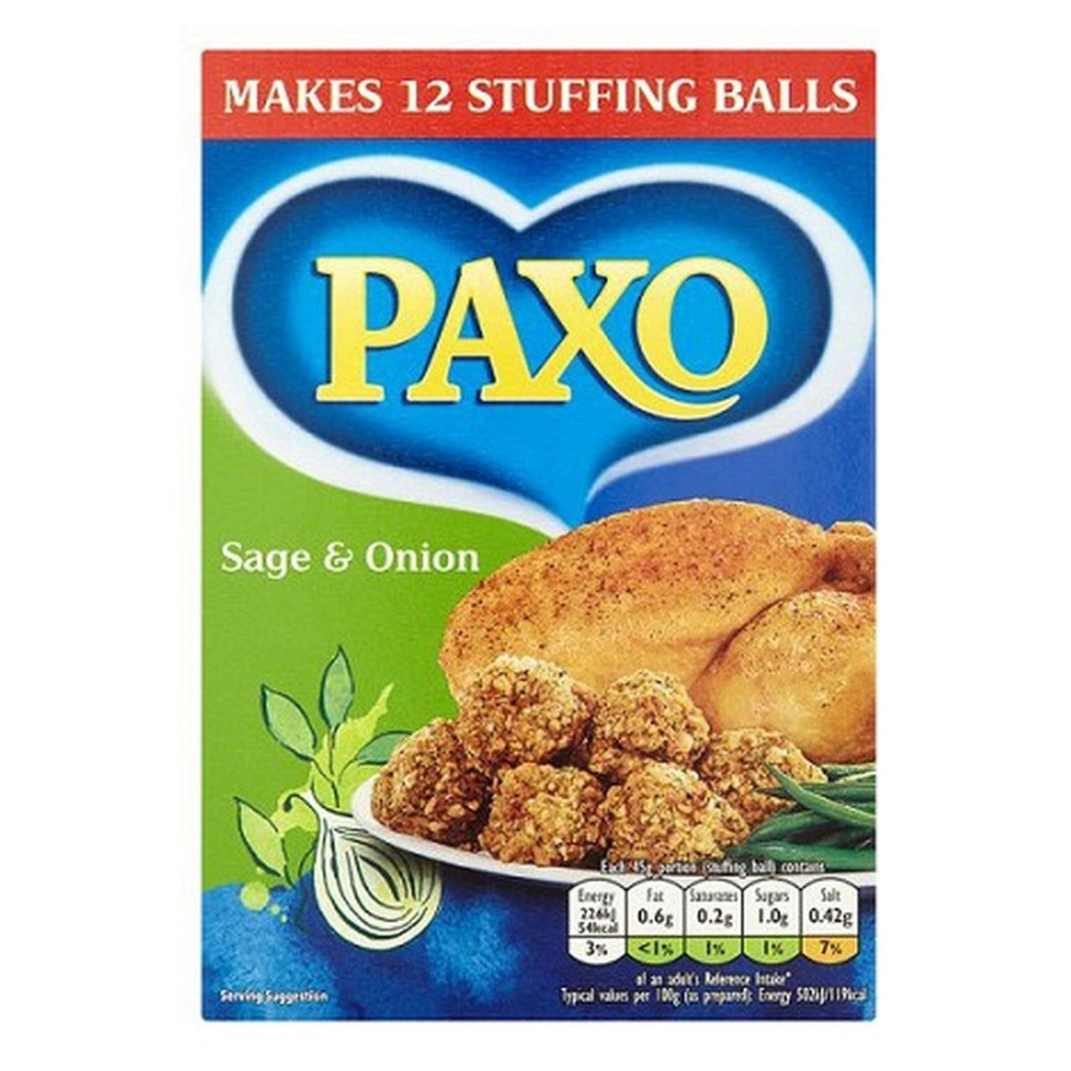 Paxo Sage & Onion stuffing mix packaging with a chicken and balls on a blue background
