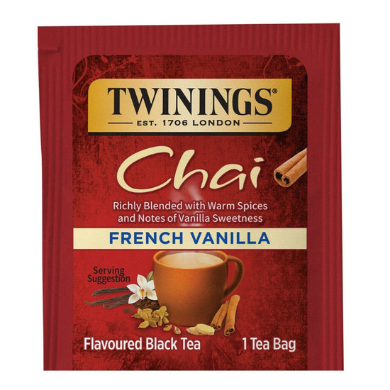 Twinings French Vanilla Chai tea bag packaging on a white background