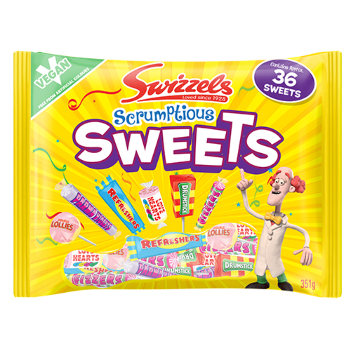 Swizzles Scrumptious Sweets packaging with a cartoon character on a white background