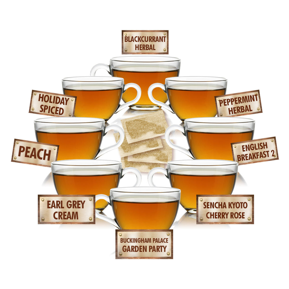 Assorted cups of tea with labels indicating different flavors on a white background