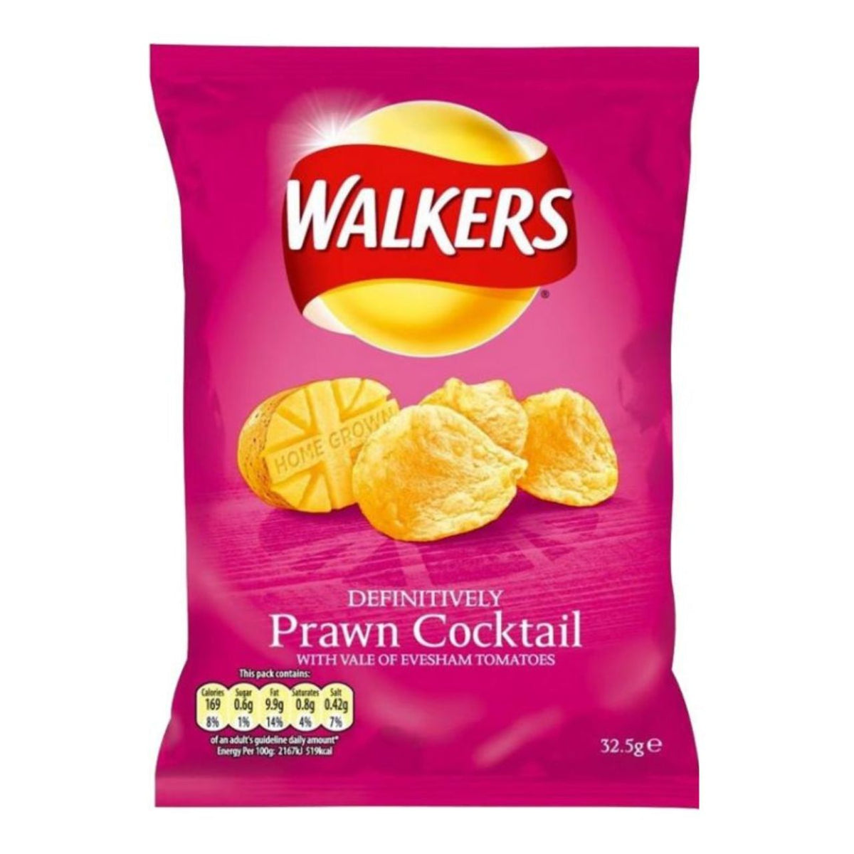 Walkers Prawn Cocktail potato chip packet on a white background