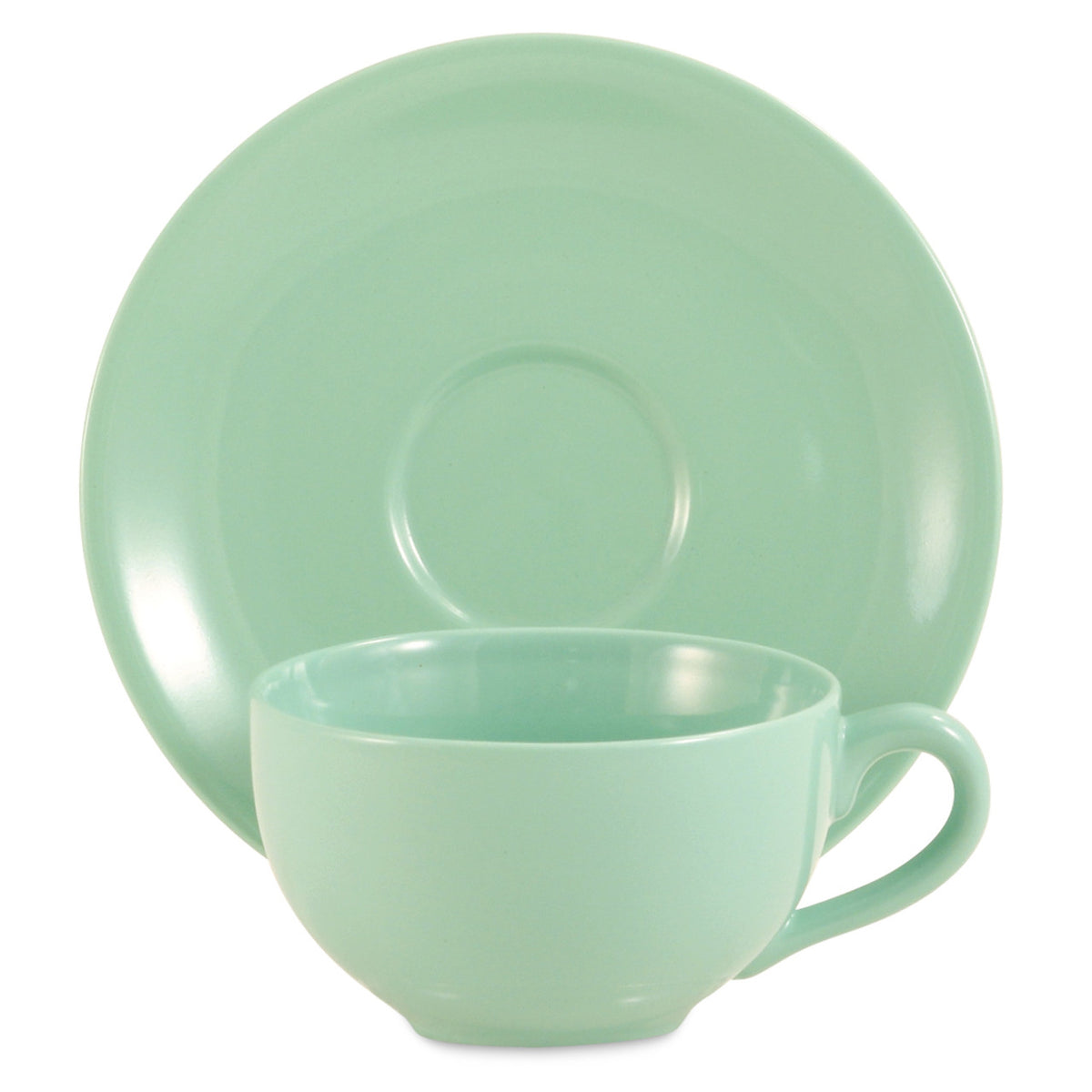 Sea foam green ceramic teacup and saucer set on a white background