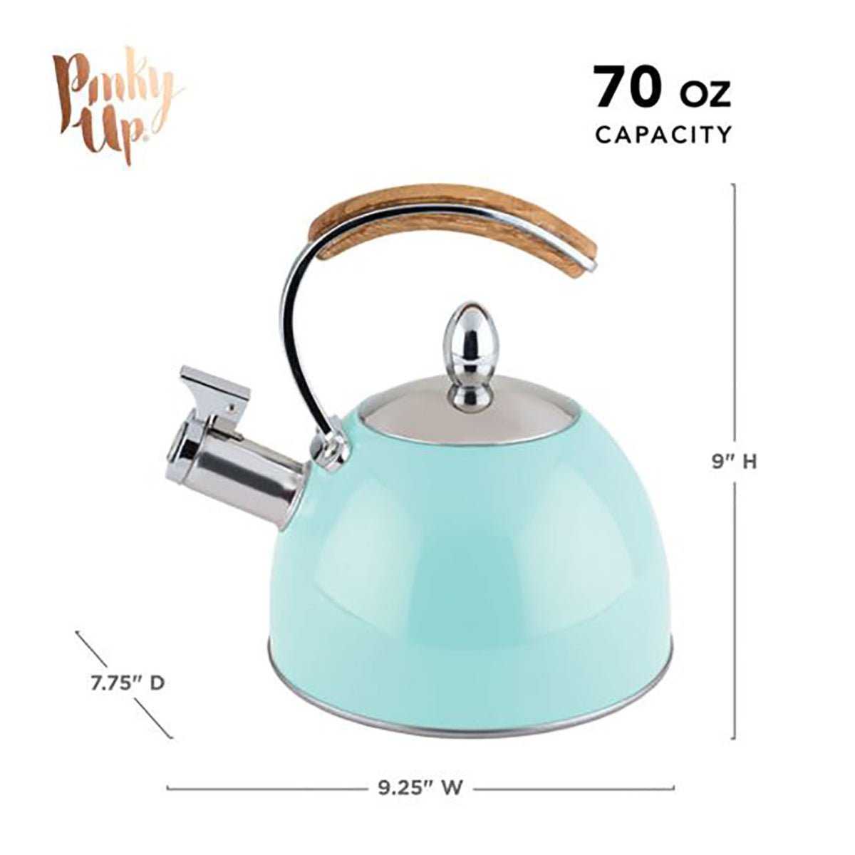 Blue tea kettle with wood handle featuring dimension information on the white background