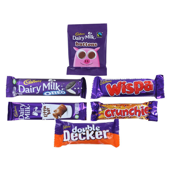 Various purple wrapped Cadbury chocolate bars on a white background.
