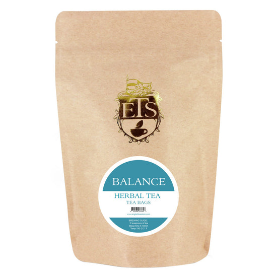 A pouch of Balance Tea by English Tea Store with tea bags visible through the transparent window, featuring a beige color packaging with the brand's logo and product name.