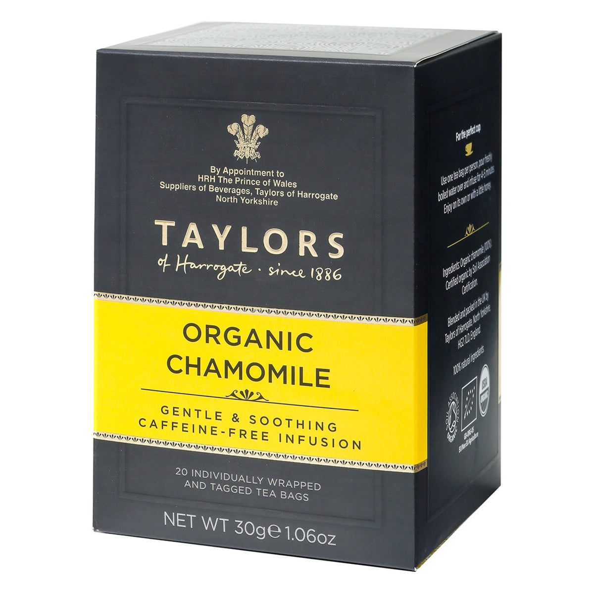 Box of Taylors Organic Chamomile tea on a white background