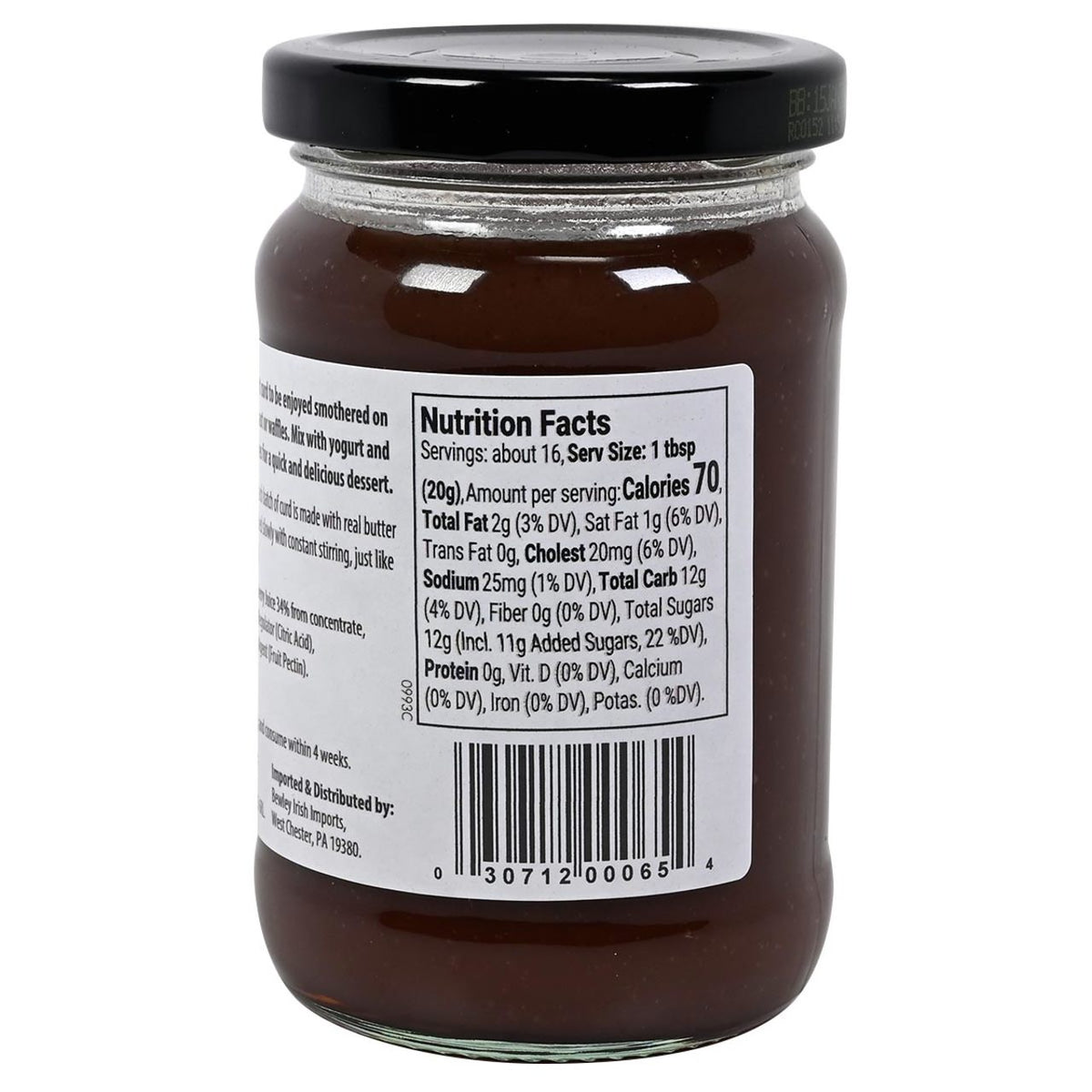 Jar of Welsh Lady Raspberry curd with a white label and nutritional facts