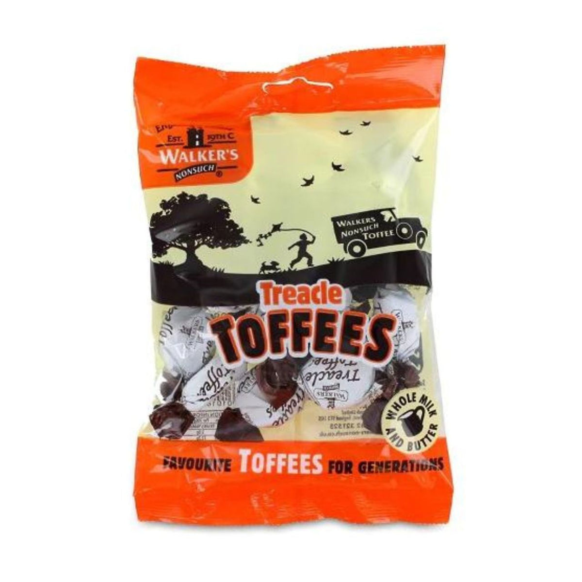 Packaged Treacle Toffees with Walker's Norwich branding on a white background