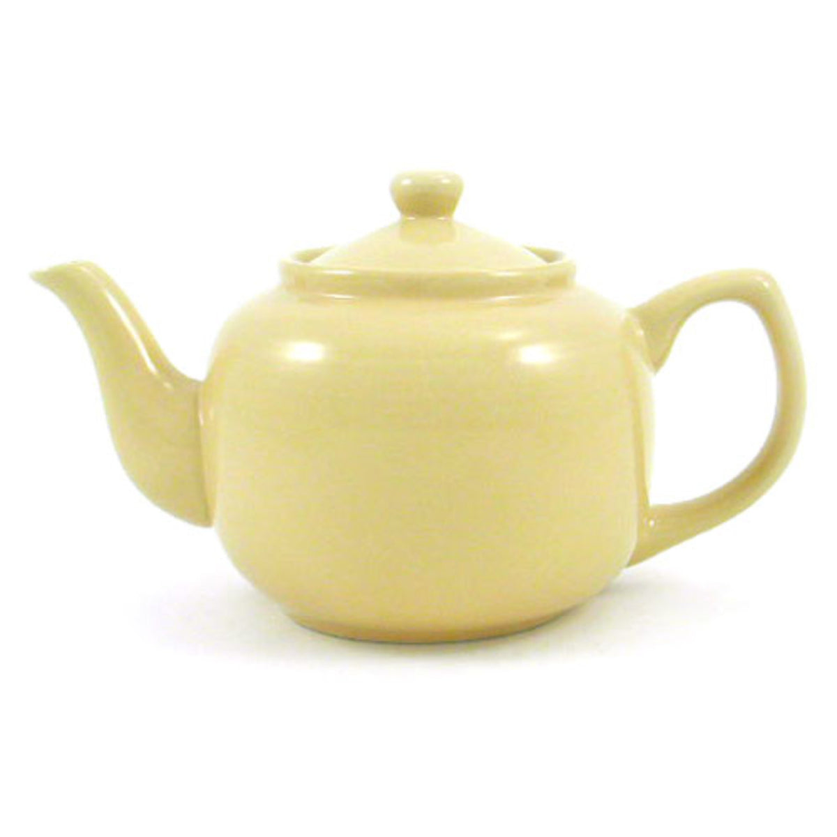 A beige ceramic teapot with a lid, spout, and handle.