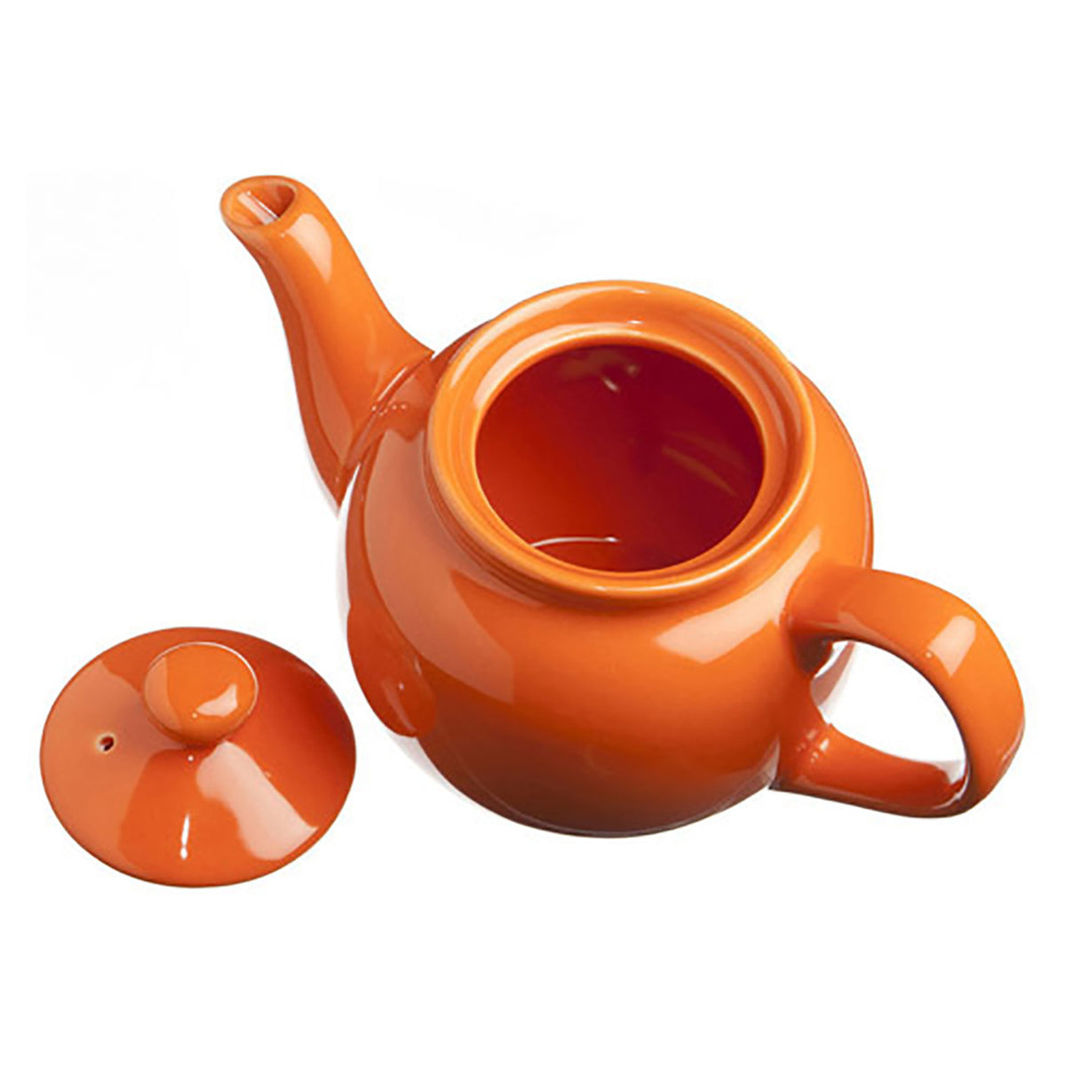Orange ceramic teapot with lid on a white background