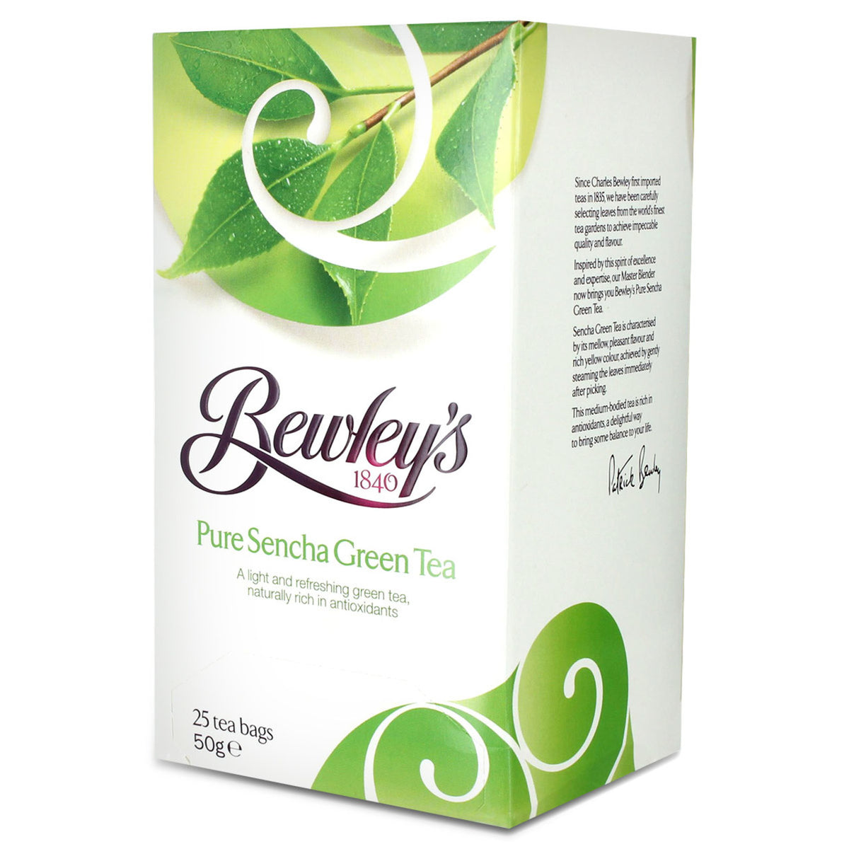 Bewley's Pure Sencha Green Tea packaging with green leaves on a white background