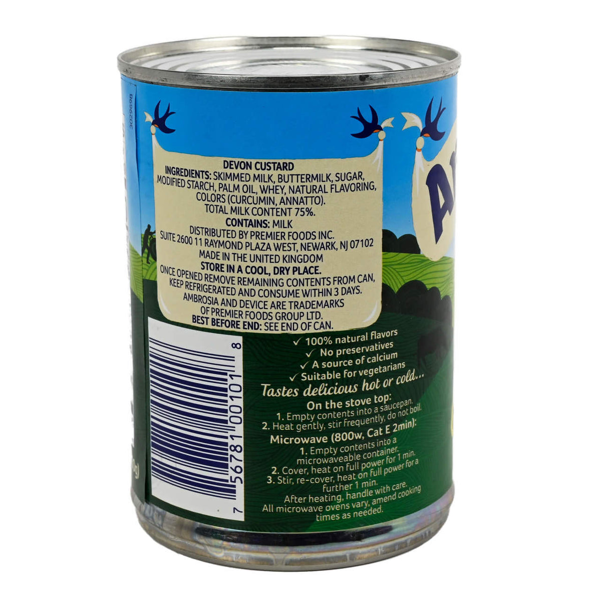 Can of Ambrosia Devon Custard with label on a white background