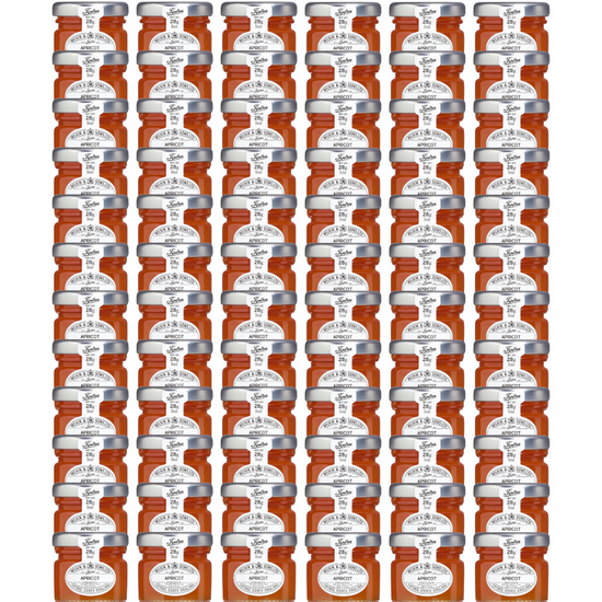 72 mini jars of Tiptree Apricot Preserve, showing the product label and the clear glass jar filled with orange preserve.