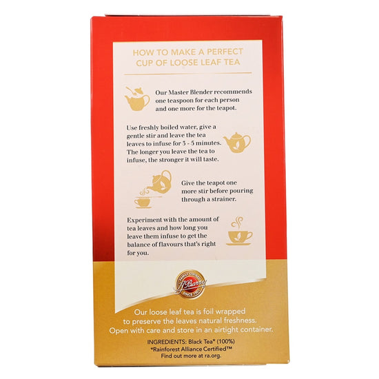 Tea packaging with instructions on making a perfect cup of loose leaf tea.