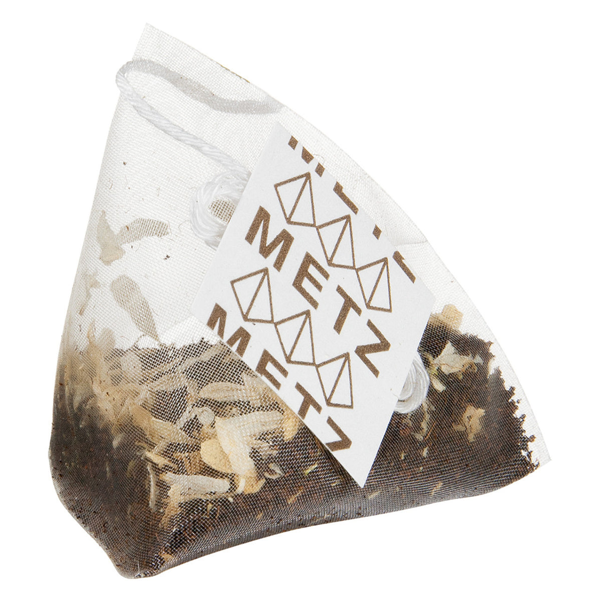 Tea bag with visible leaves and 'METZ' branding on a white background