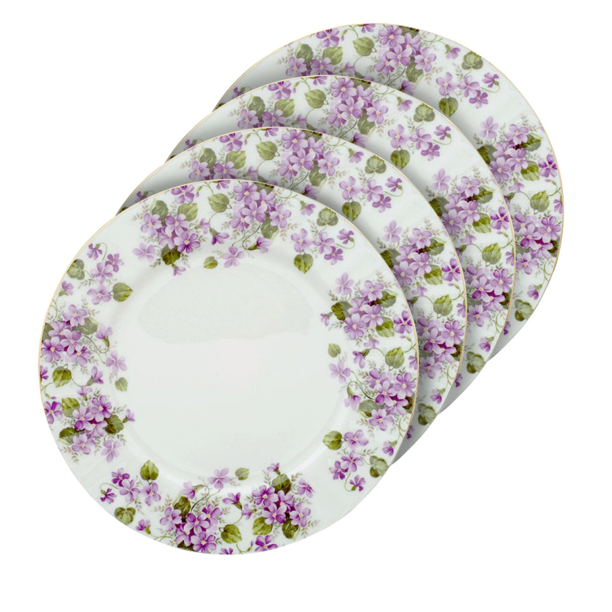 Set of four floral-patterned plates on a white background