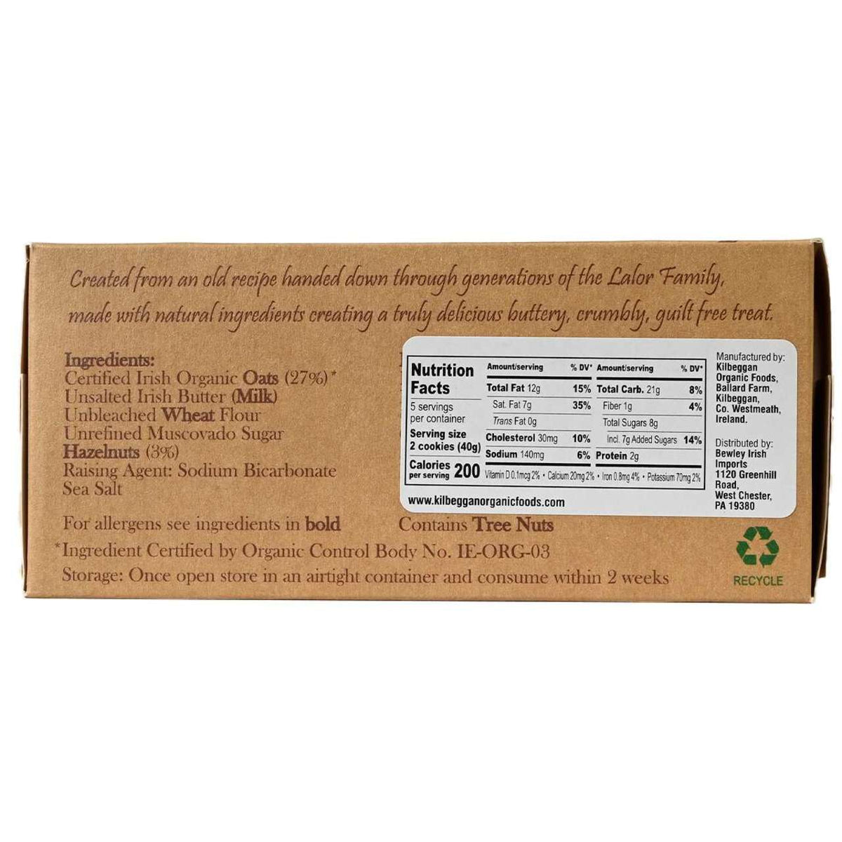 Kilbeggan Irish Oat Cookies Hazelnut Chip packaging with ingredients listing and nutritional facts call out.