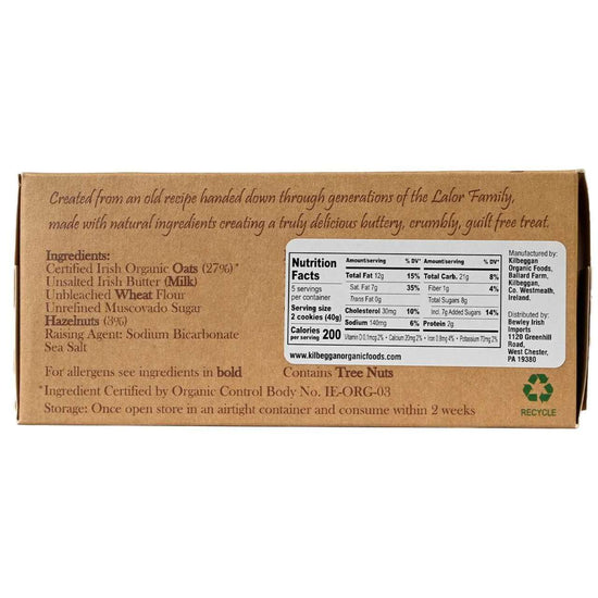 Kilbeggan Irish Oat Cookies Hazelnut Chip packaging with ingredients listing and nutritional facts call out.
