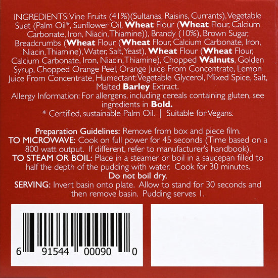 Back side of a red box of Cole's Brandy Christmas Pudding with white text for ingredients and preparation guidelines.