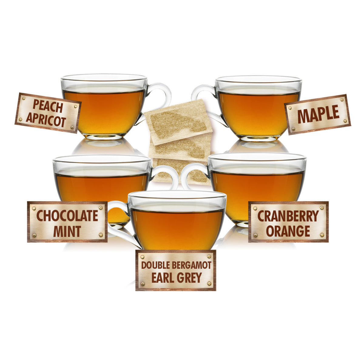 Tea cups with different flavors on a white background