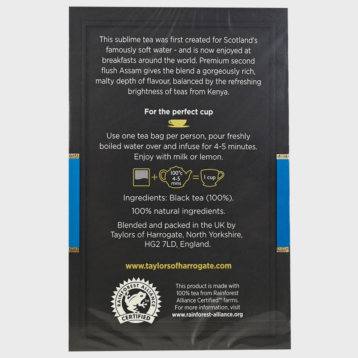 Tea package with text and branding on a black background
