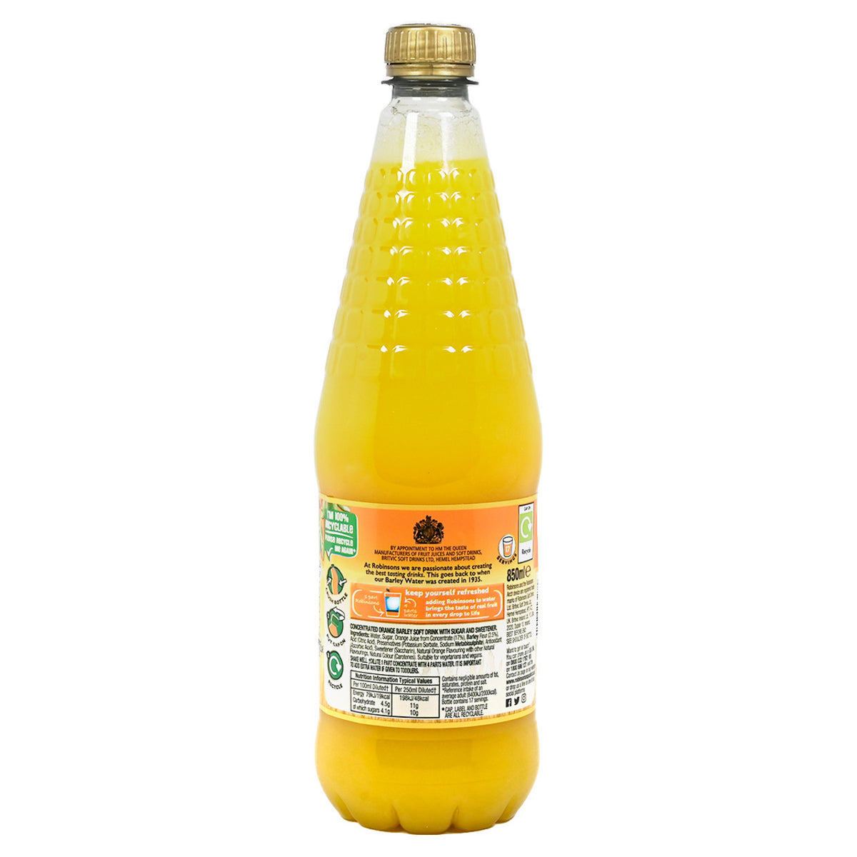 Bottle of Robinson's Barley Water Orange flavor on a white background