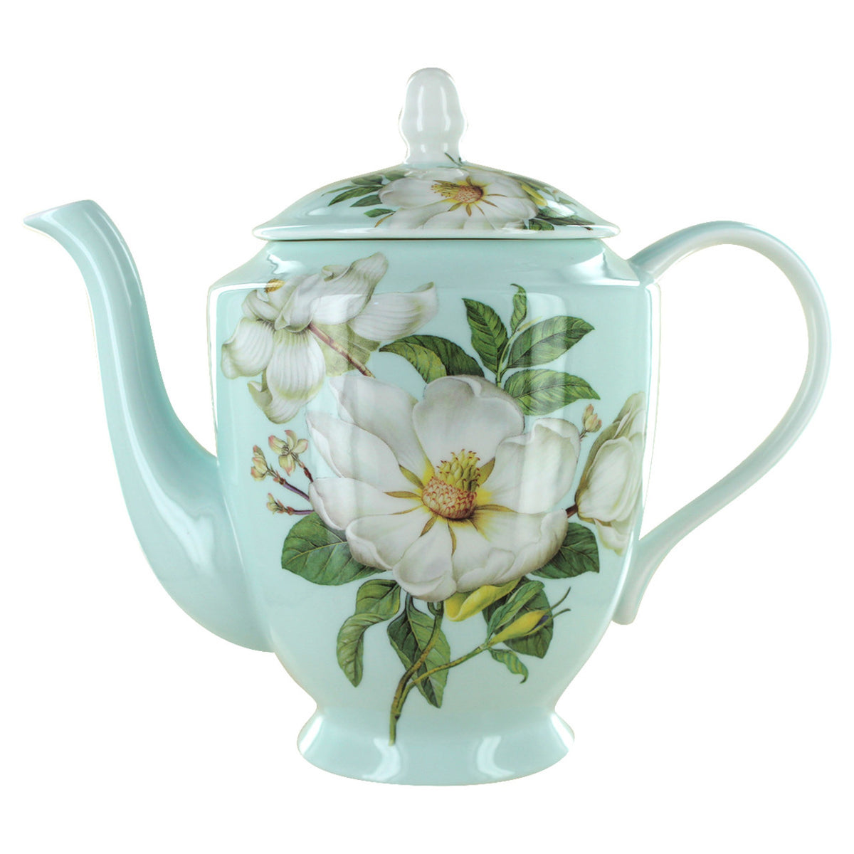 Teapot with floral design on a light blue background