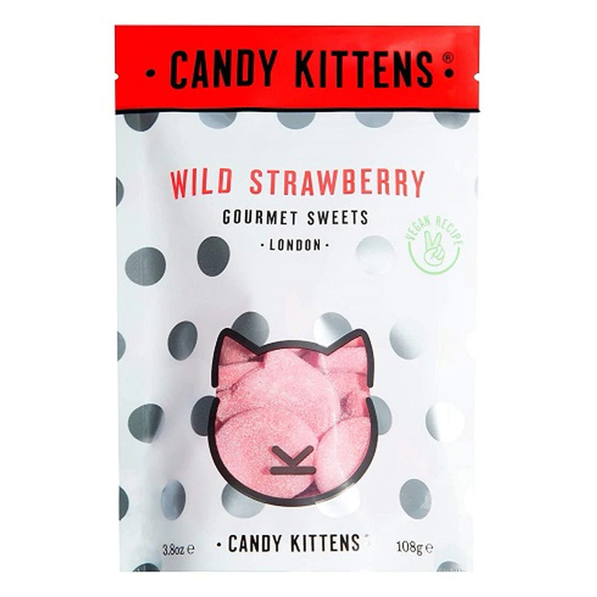 Candy Kittens Wild Strawberry gourmet sweets packaging with polka dot design and cat face illustration.