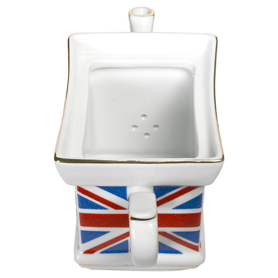 Top down view of a rectangle teapot with Union Jack design on a white background