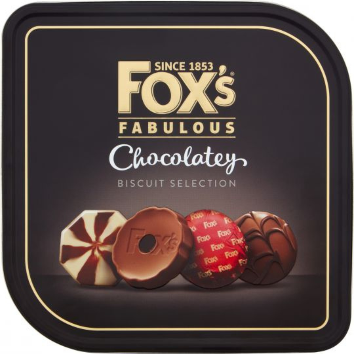 Fox's Fabulous Chocolatey Biscuit Selection packaging with cookies on a black background