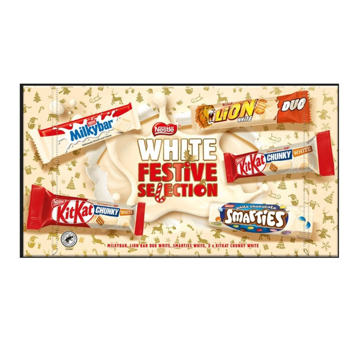 Assorted Nestle white chocolate bars in a festive selection packaging on a beige background with Christmas designs.