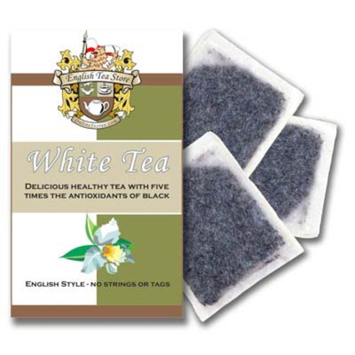 Packaging of English Tea Store's White Tea in a brown paper pouch with a resealable top, branded with the ETS logo and labeled as 'White Tea TEA BAGS'.