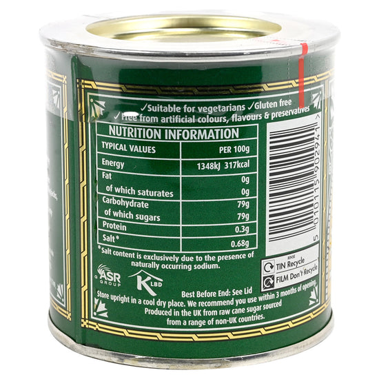 Nutrition label on a can with green and gold design