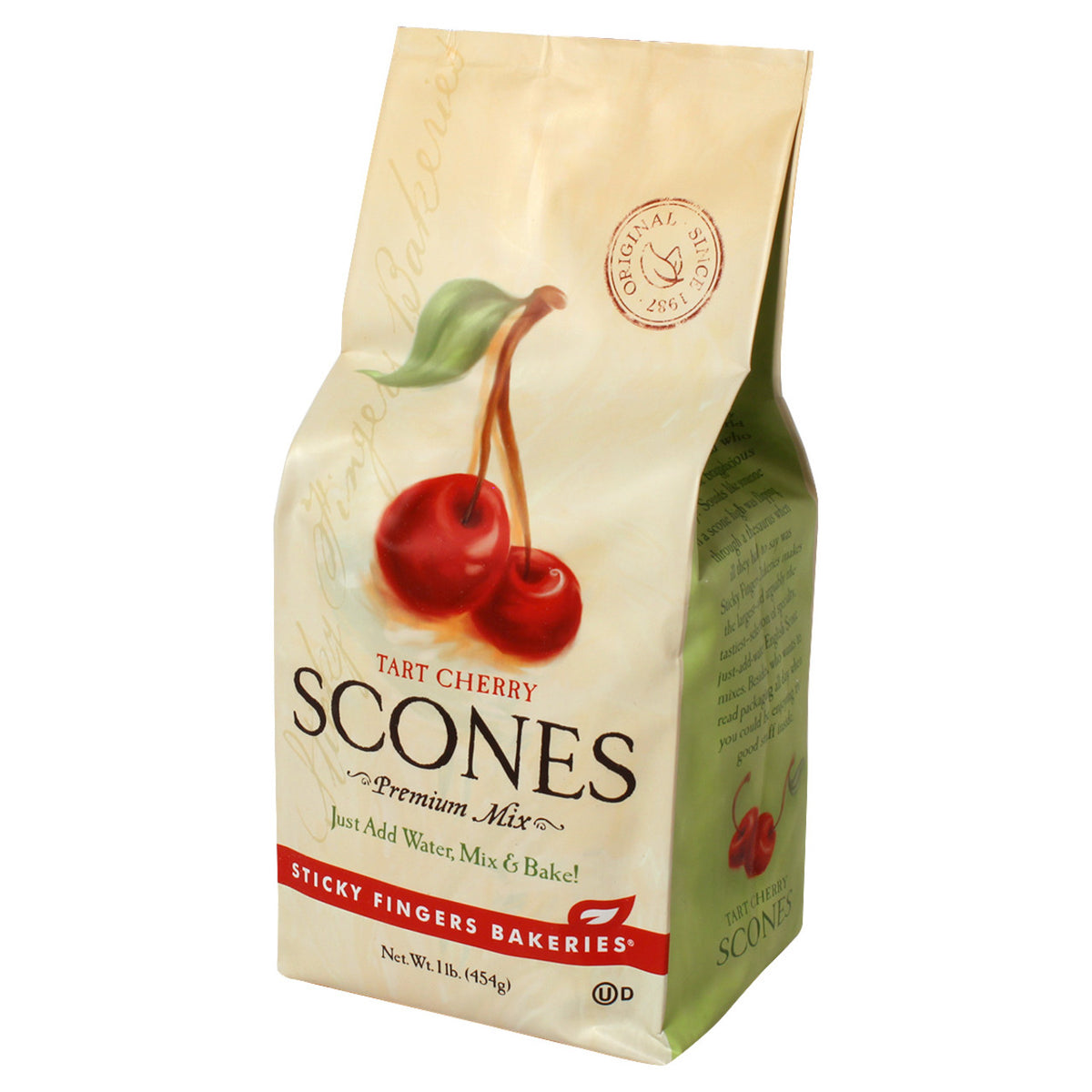 Bag of tart cherry scones mix with cherries on the packaging