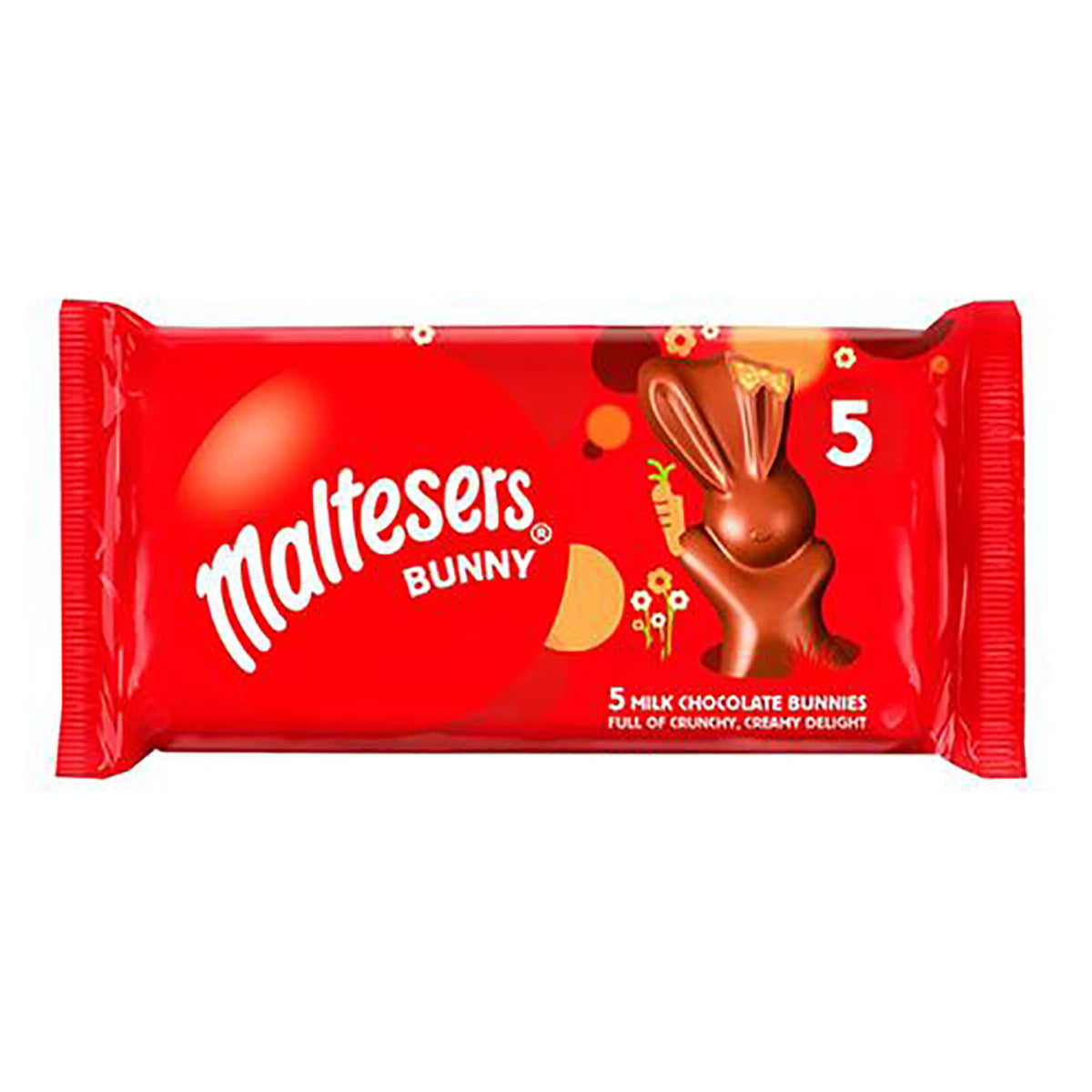 Red packaging of 5 Maltesers Bunny chocolate bunnies on a white background