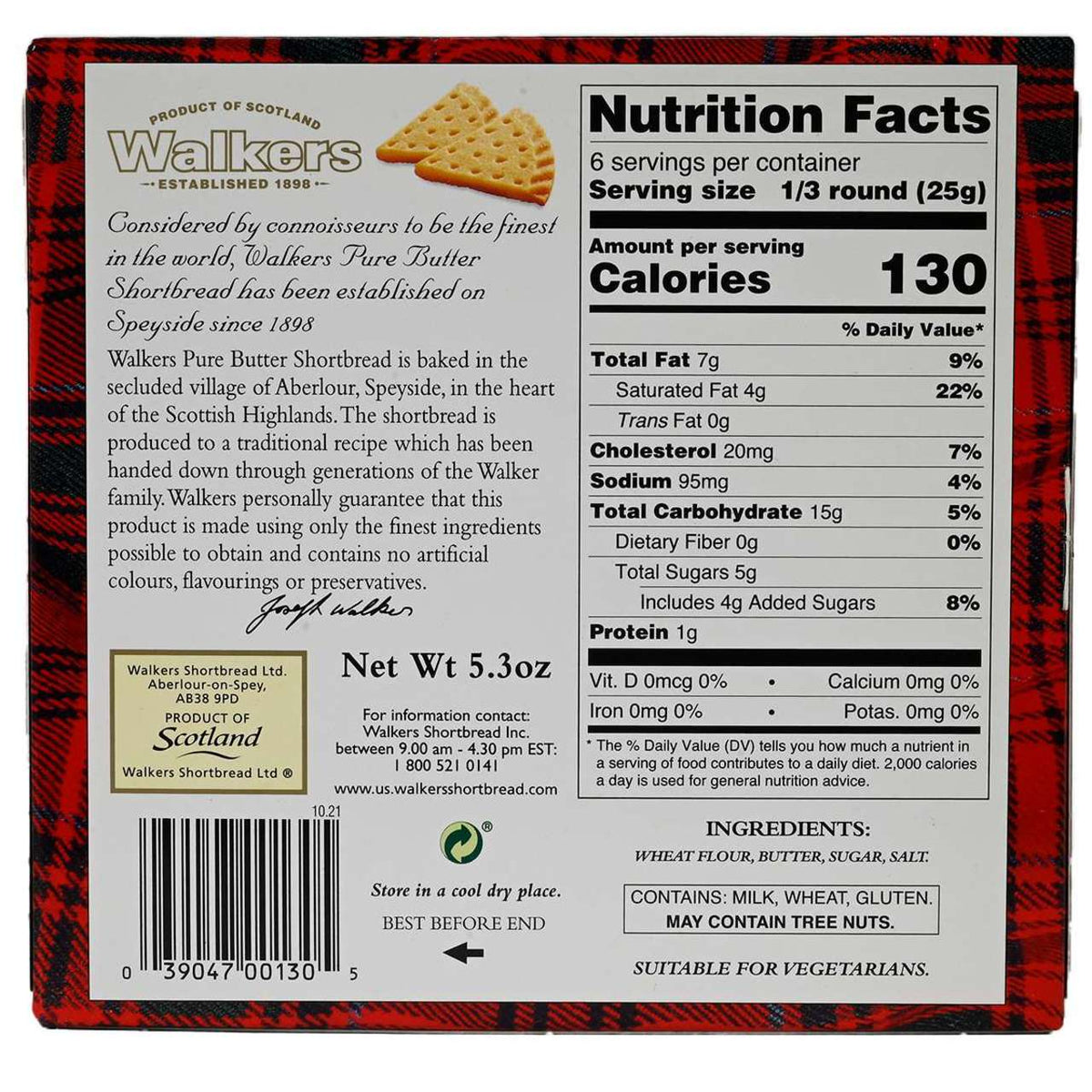 Nutrition facts label and product description on a Walkers shortbread packaging.