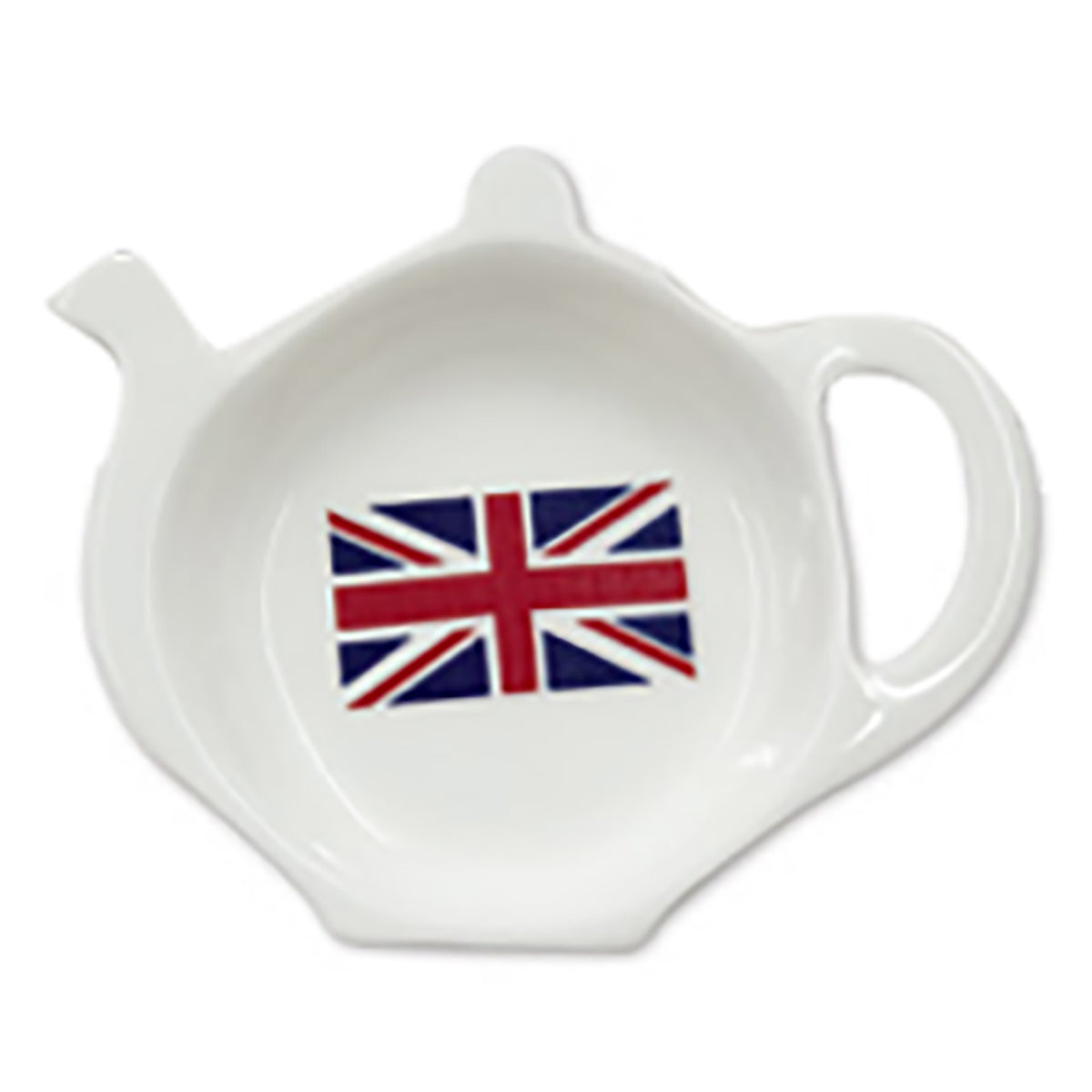White ceramic teabag tiddy with a Union Jack design on a white background