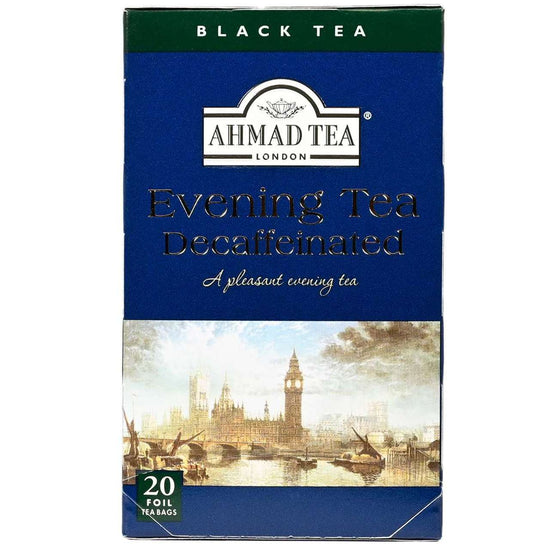 Box of Ahmad Tea London Evening Tea Decaffeinated on a white background