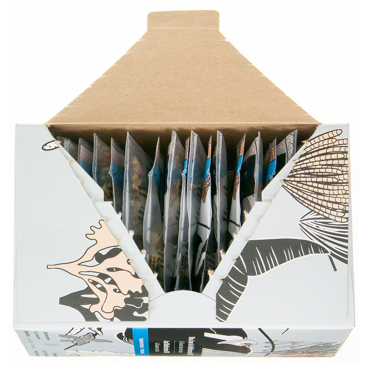 Opened box of Metz Mediterranean Blue tea revealing individually wrapped teabags