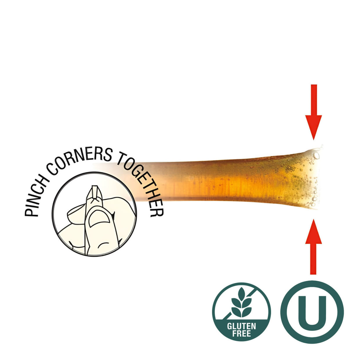 Instructions for pinching the ends of a honey stick with gluten-free and allergen symbols on a white background.