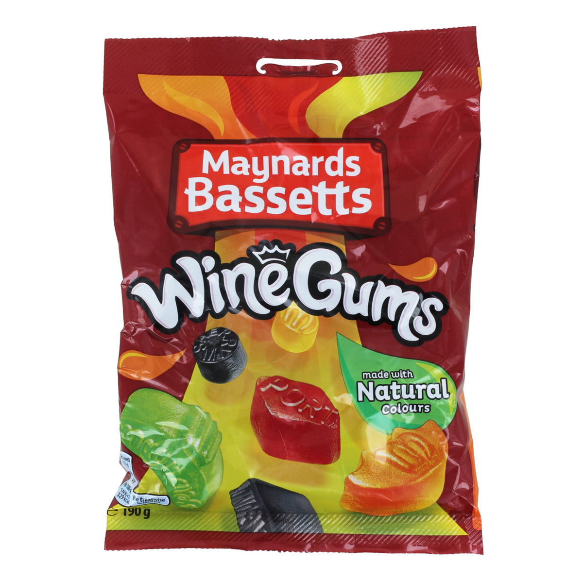 Bag of Maynards Bassetts Wine Gums with colorful gummy candies on a white background