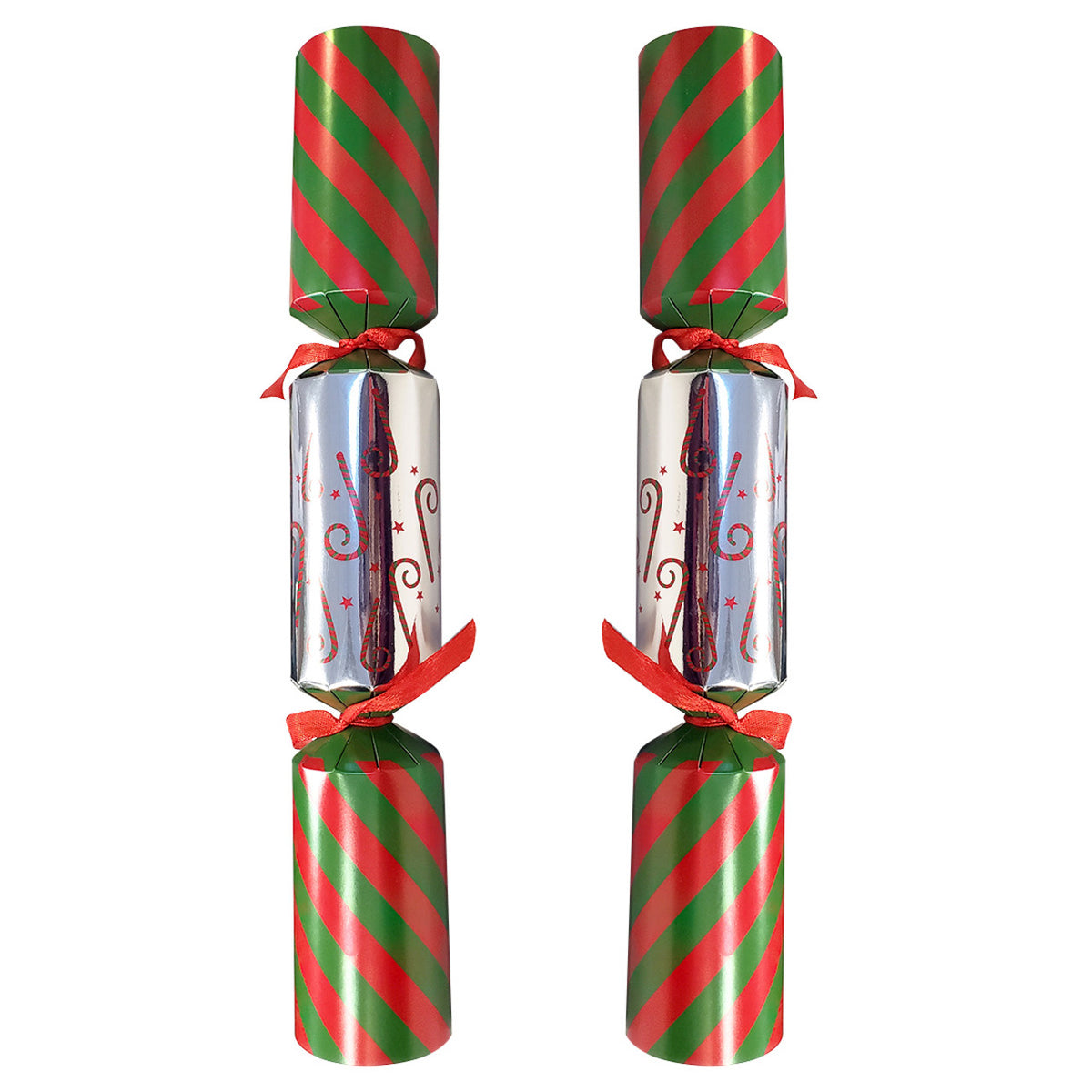 Two Christmas crackers with red and green striped design on a white background